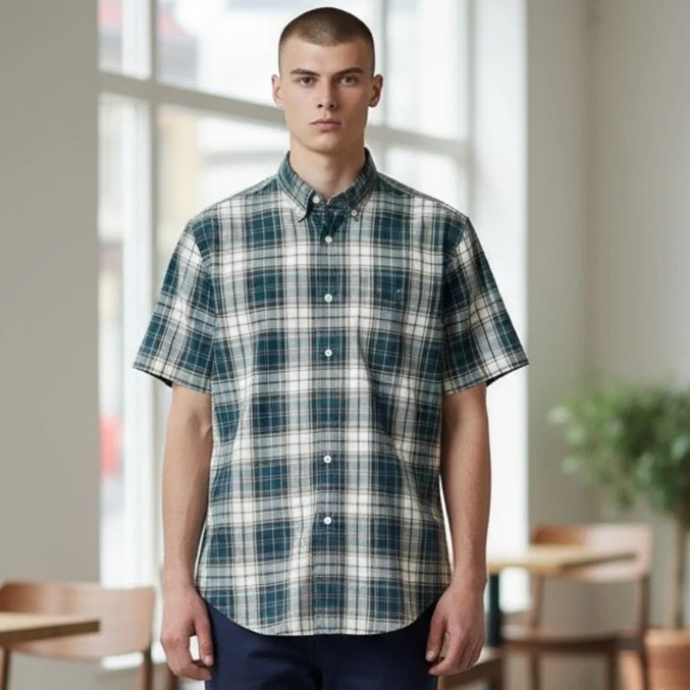 J. Crew Classic Button‎ Up Shirt Men's M Teal Purple Plaid Short Sleeve New
